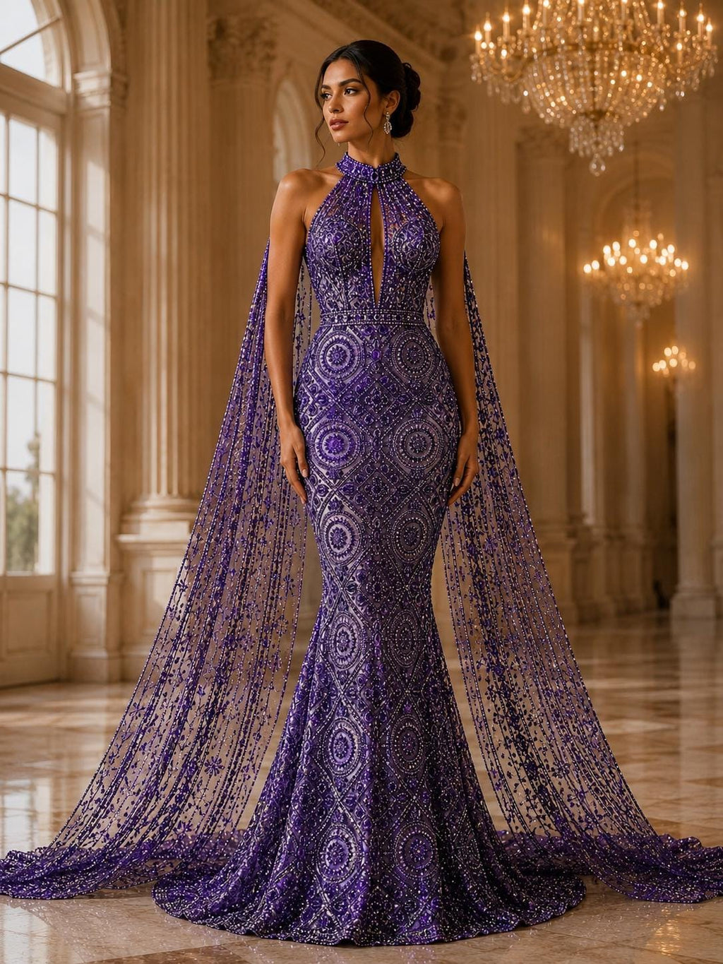 Luxurious Design Lace - Purple - Geometric Beaded Design with Embroidered Sequins and Beads On a Mesh Lace Fabric By The Yard