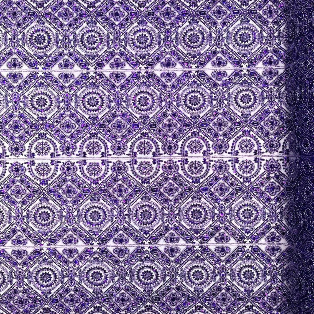 Luxurious Design Lace - Purple - Geometric Beaded Design with Embroidered Sequins and Beads On a Mesh Lace Fabric By The Yard