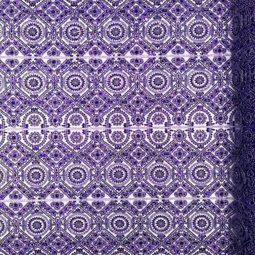 Luxurious Design Lace - Purple - Geometric Beaded Design with Embroidered Sequins and Beads On a Mesh Lace Fabric By The Yard