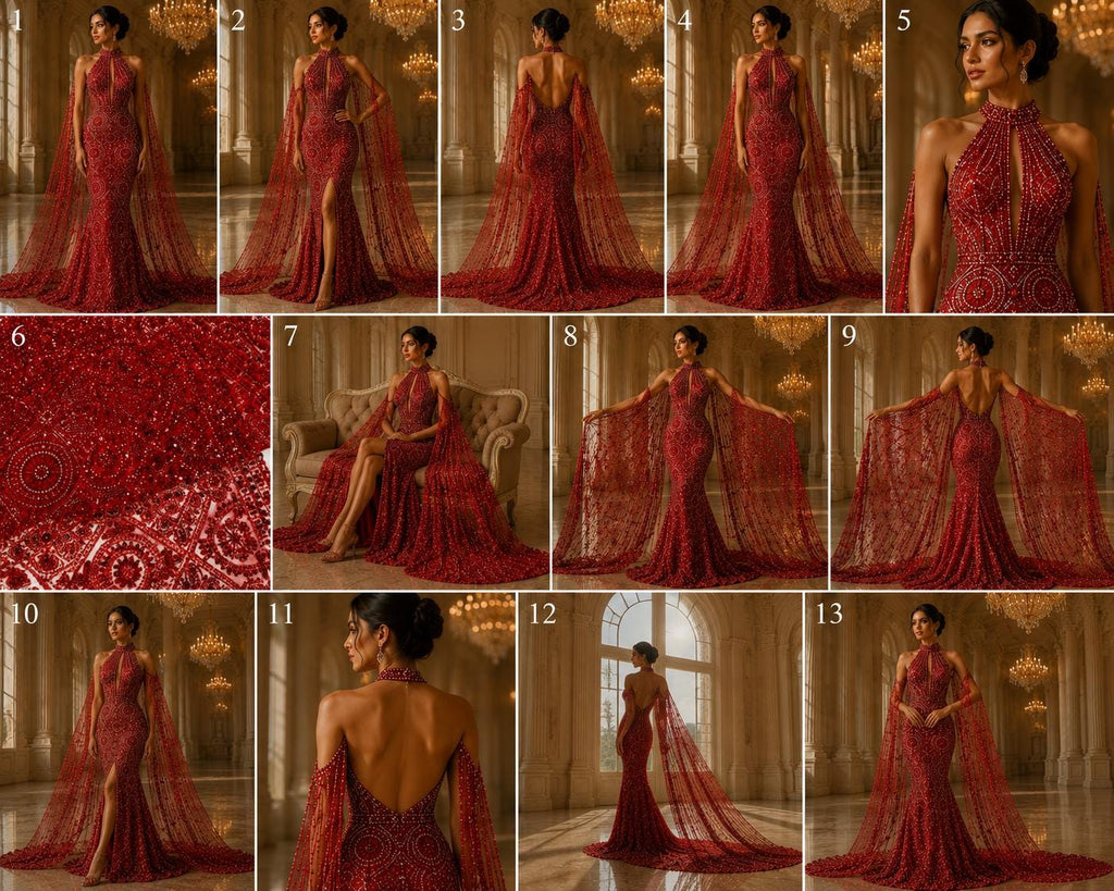 Luxurious Design Lace - Red - Geometric Beaded Design with Embroidered Sequins and Beads On a Mesh Lace Fabric By The Yard
