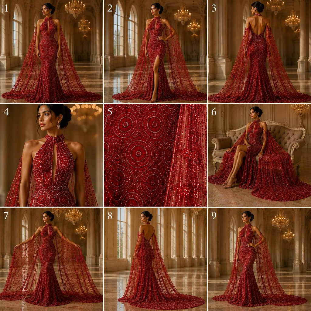Luxurious Design Lace - Red - Geometric Beaded Design with Embroidered Sequins and Beads On a Mesh Lace Fabric By The Yard