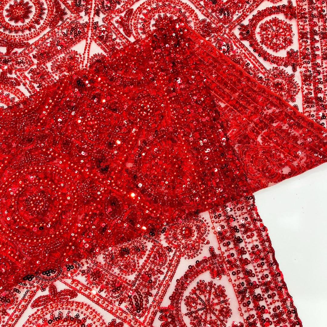 Luxurious Design Lace - Red - Geometric Beaded Design with Embroidered Sequins and Beads On a Mesh Lace Fabric By The Yard