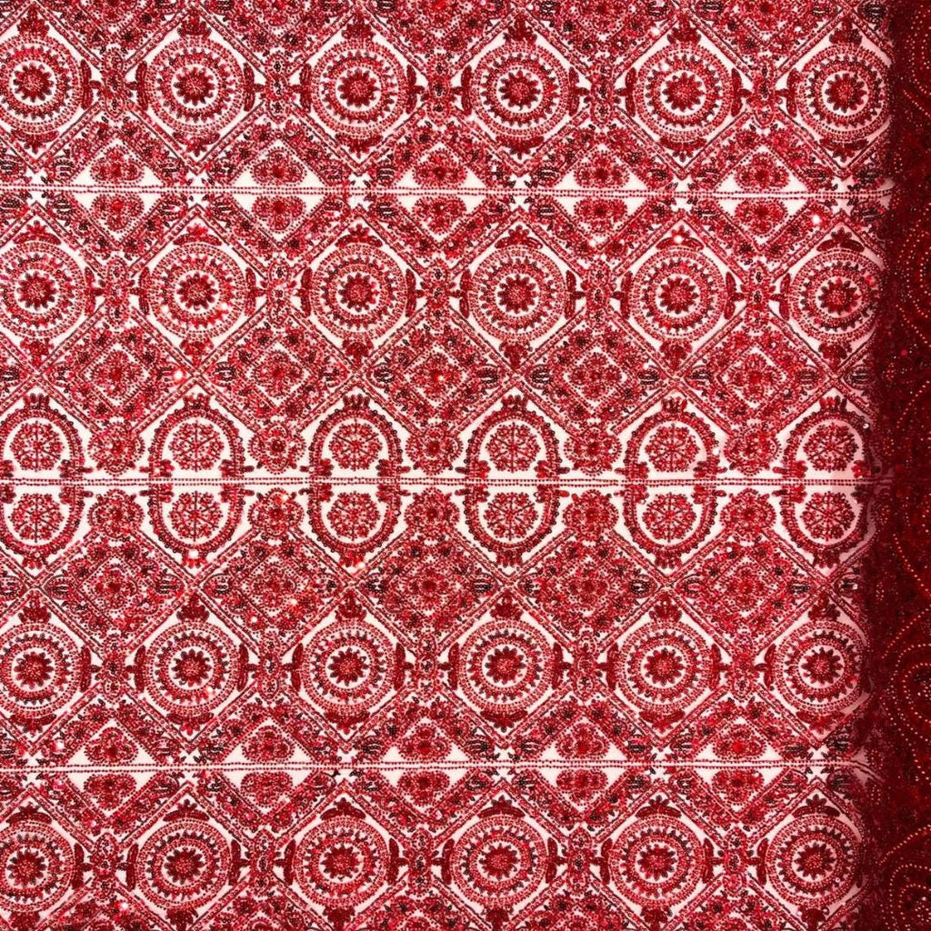 Luxurious Design Lace - Red - Geometric Beaded Design with Embroidered Sequins and Beads On a Mesh Lace Fabric By The Yard