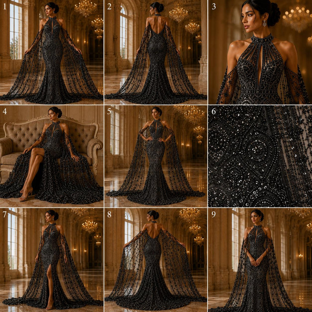 Luxurious Design Lace - Black - Geometric Beaded Design with Embroidered Sequins and Beads On a Mesh Lace Fabric By The Yard