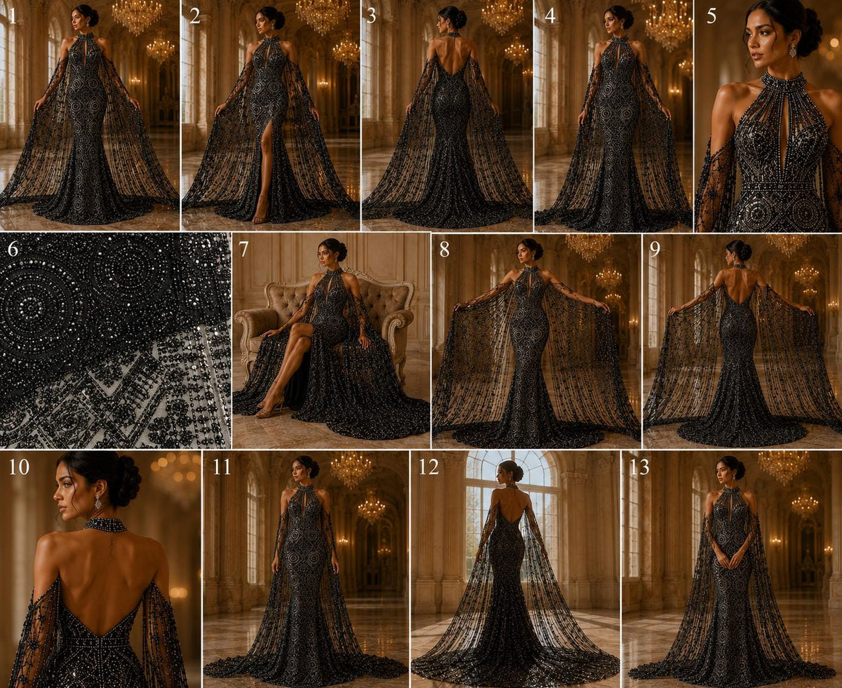 Luxurious Design Lace - Black - Geometric Beaded Design with Embroidered Sequins and Beads On a Mesh Lace Fabric By The Yard