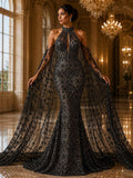 Luxurious Design Lace - Black - Geometric Beaded Design with Embroidered Sequins and Beads On a Mesh Lace Fabric By The Yard