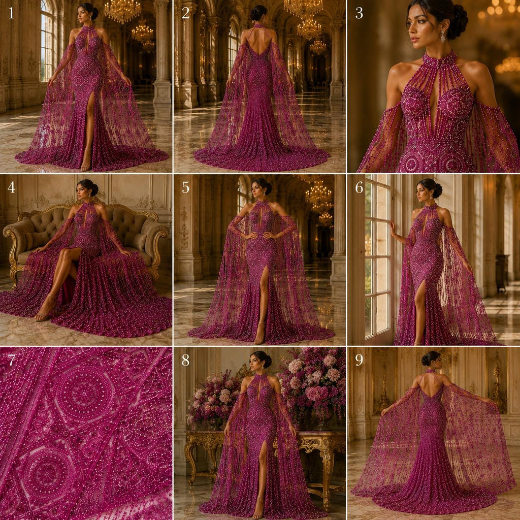 Luxurious Design Lace - Fuchsia - Geometric Beaded Design with Embroidered Sequins and Beads On a Mesh Lace Fabric By The Yard