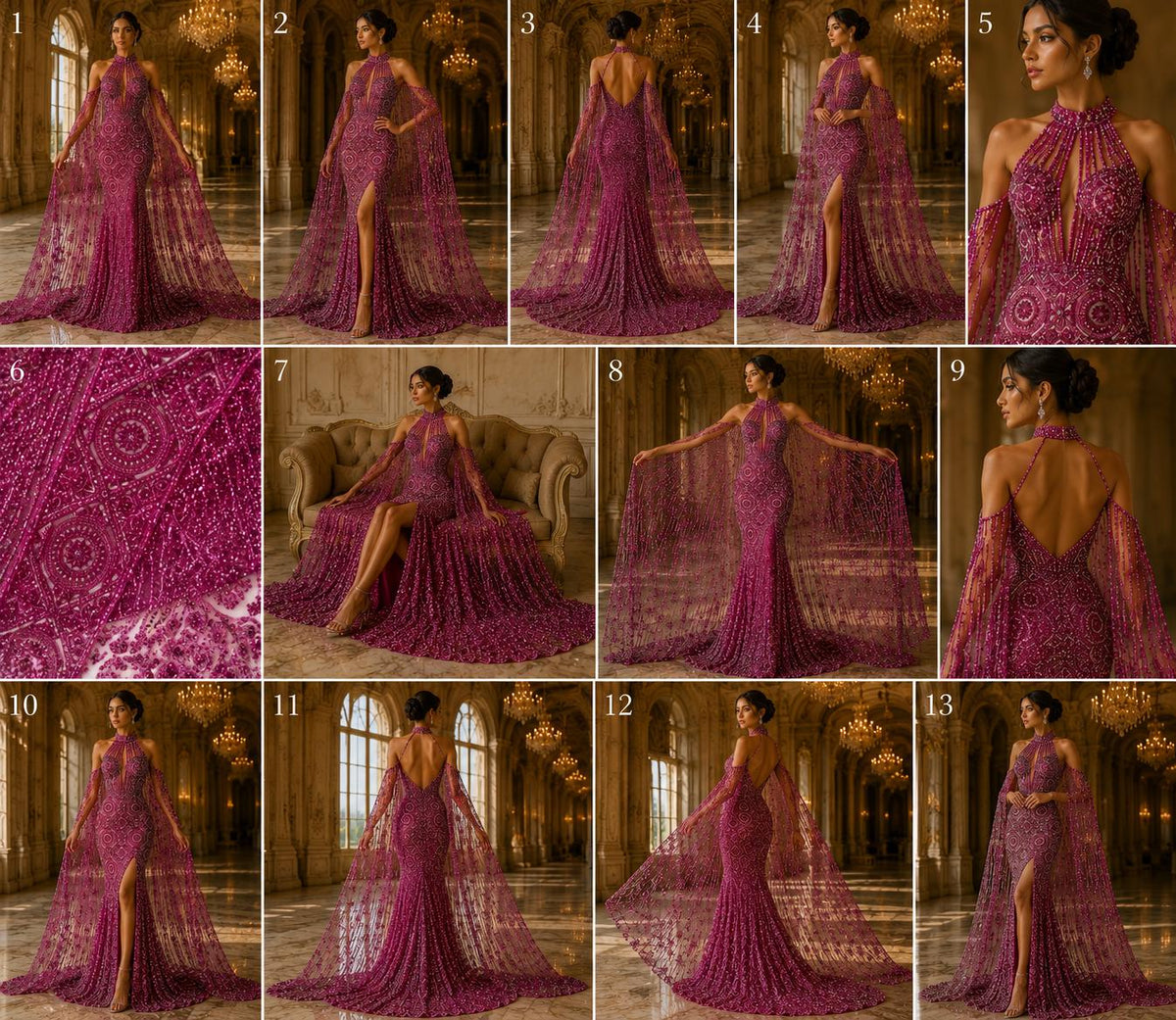 Luxurious Design Lace - Fuchsia - Geometric Beaded Design with Embroidered Sequins and Beads On a Mesh Lace Fabric By The Yard