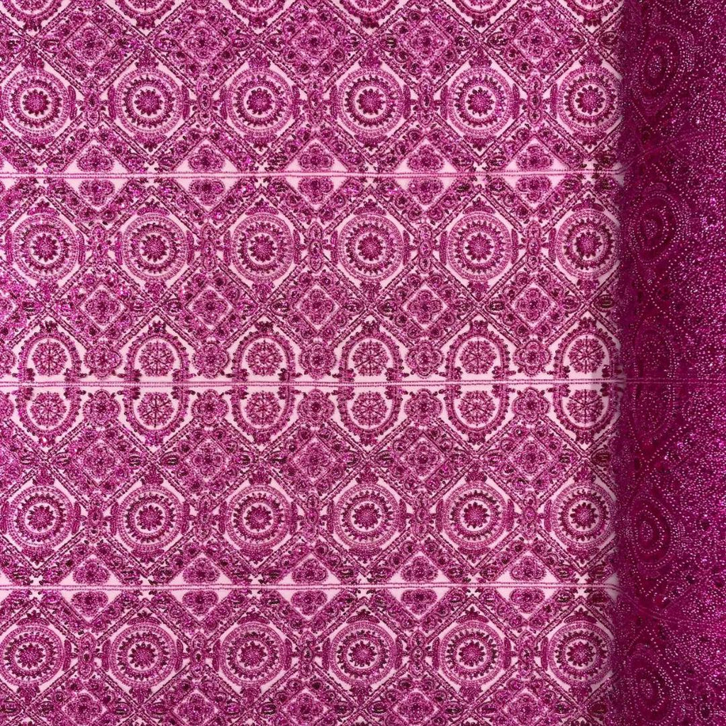 Luxurious Design Lace - Fuchsia - Geometric Beaded Design with Embroidered Sequins and Beads On a Mesh Lace Fabric By The Yard