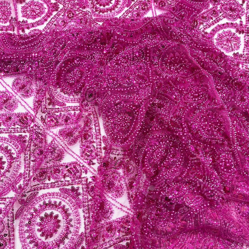 Luxurious Design Lace - Fuchsia - Geometric Beaded Design with Embroidered Sequins and Beads On a Mesh Lace Fabric By The Yard