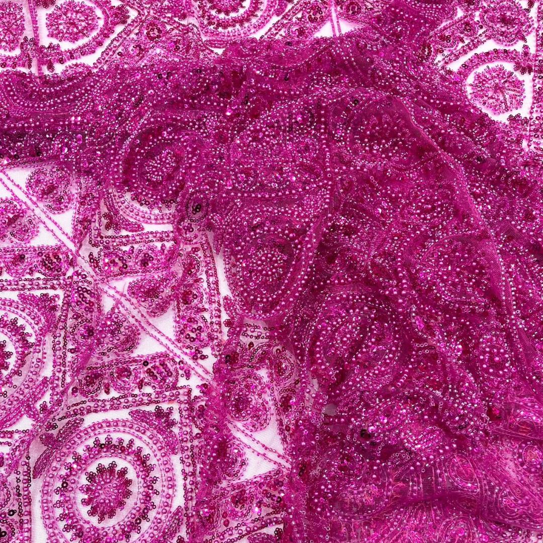 Luxurious Design Lace - Fuchsia - Geometric Beaded Design with Embroidered Sequins and Beads On a Mesh Lace Fabric By The Yard