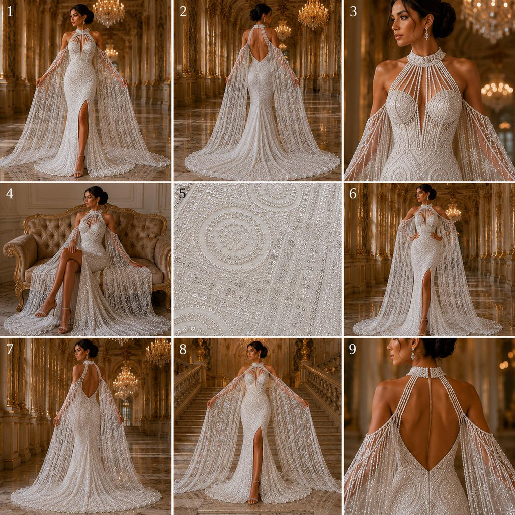 Luxurious Design Lace - White - Geometric Beaded Design with Embroidered Sequins and Beads On a Mesh Lace Fabric By The Yard