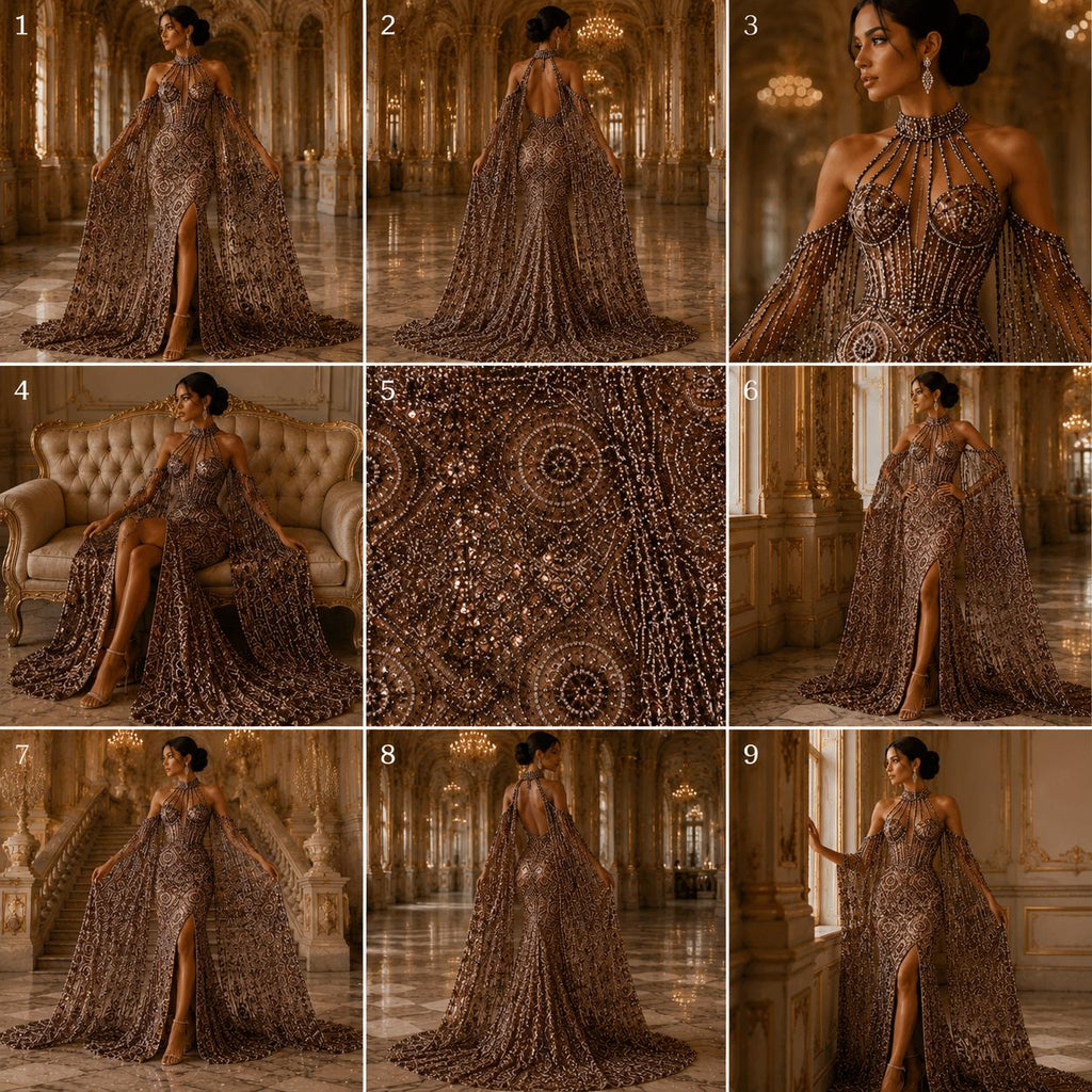 Luxurious Design Lace - Brown - Geometric Beaded Design with Embroidered Sequins and Beads On a Mesh Lace Fabric By The Yard