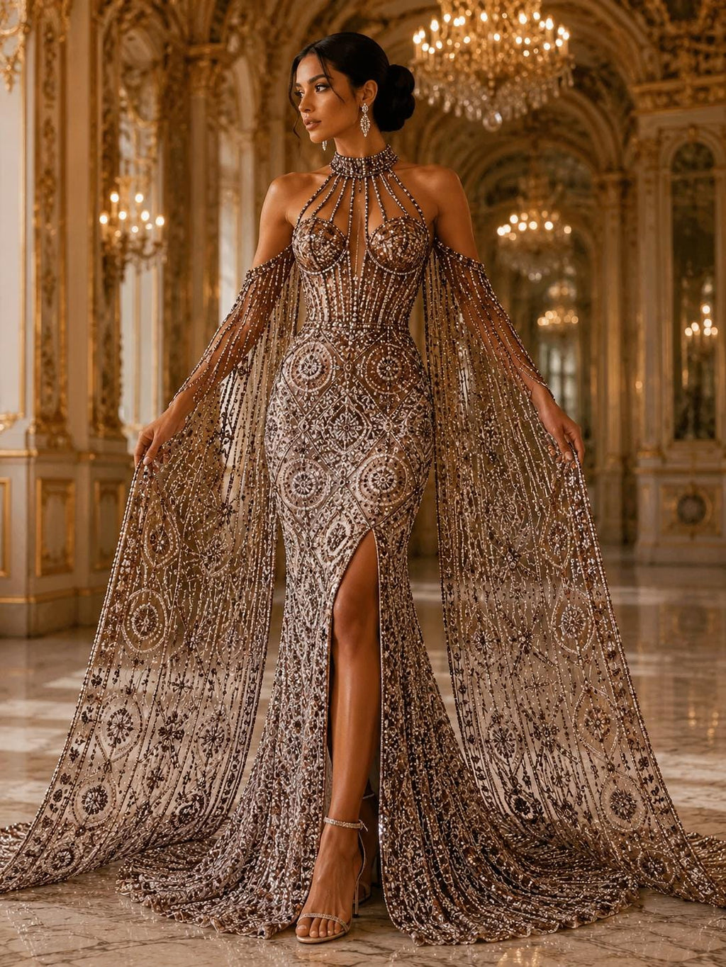 Luxurious Design Lace - Brown - Geometric Beaded Design with Embroidered Sequins and Beads On a Mesh Lace Fabric By The Yard