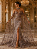 Luxurious Design Lace - Brown - Geometric Beaded Design with Embroidered Sequins and Beads On a Mesh Lace Fabric By The Yard
