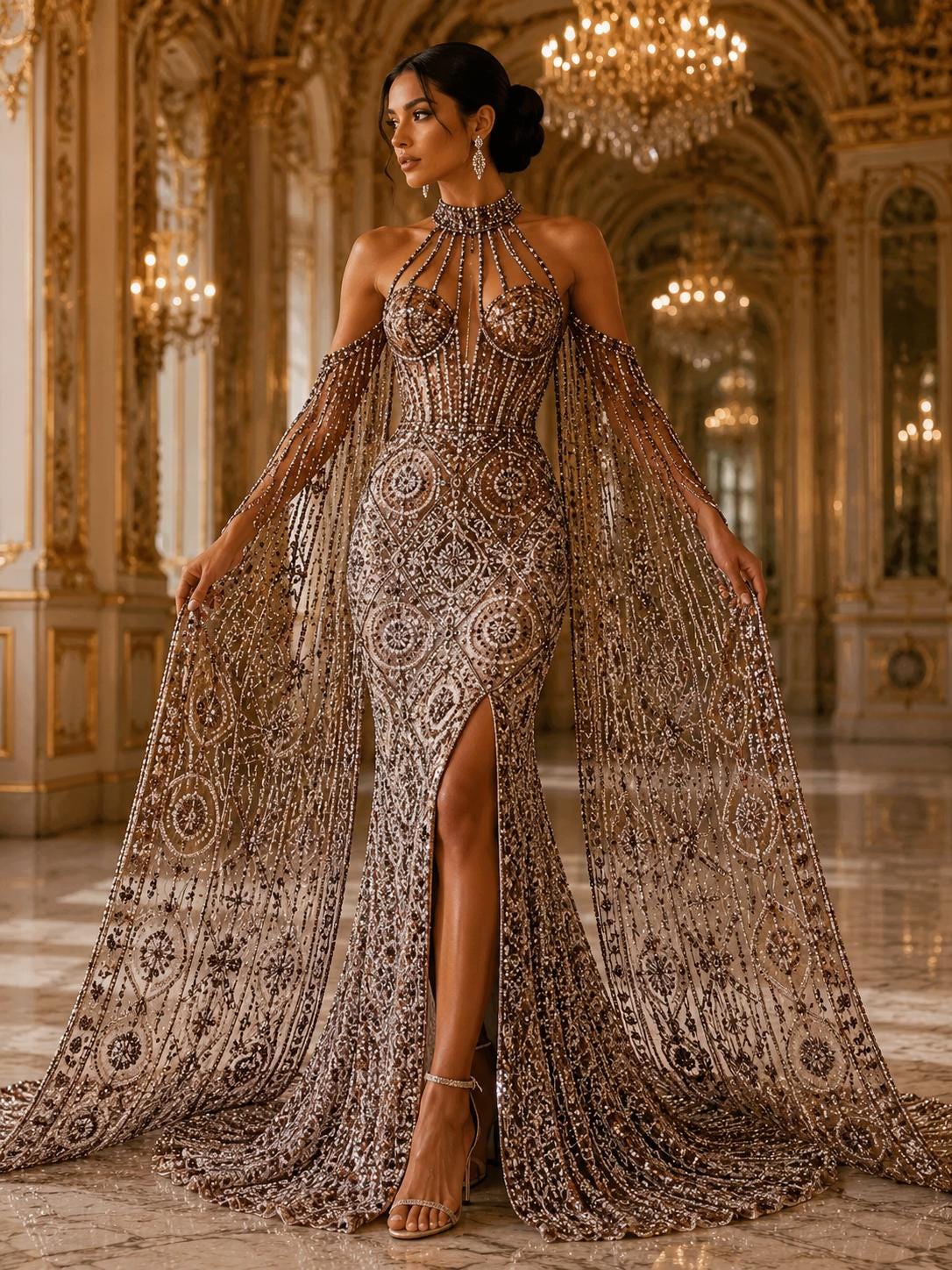 Luxurious Design Lace - Brown - Geometric Beaded Design with Embroidered Sequins and Beads On a Mesh Lace Fabric By The Yard