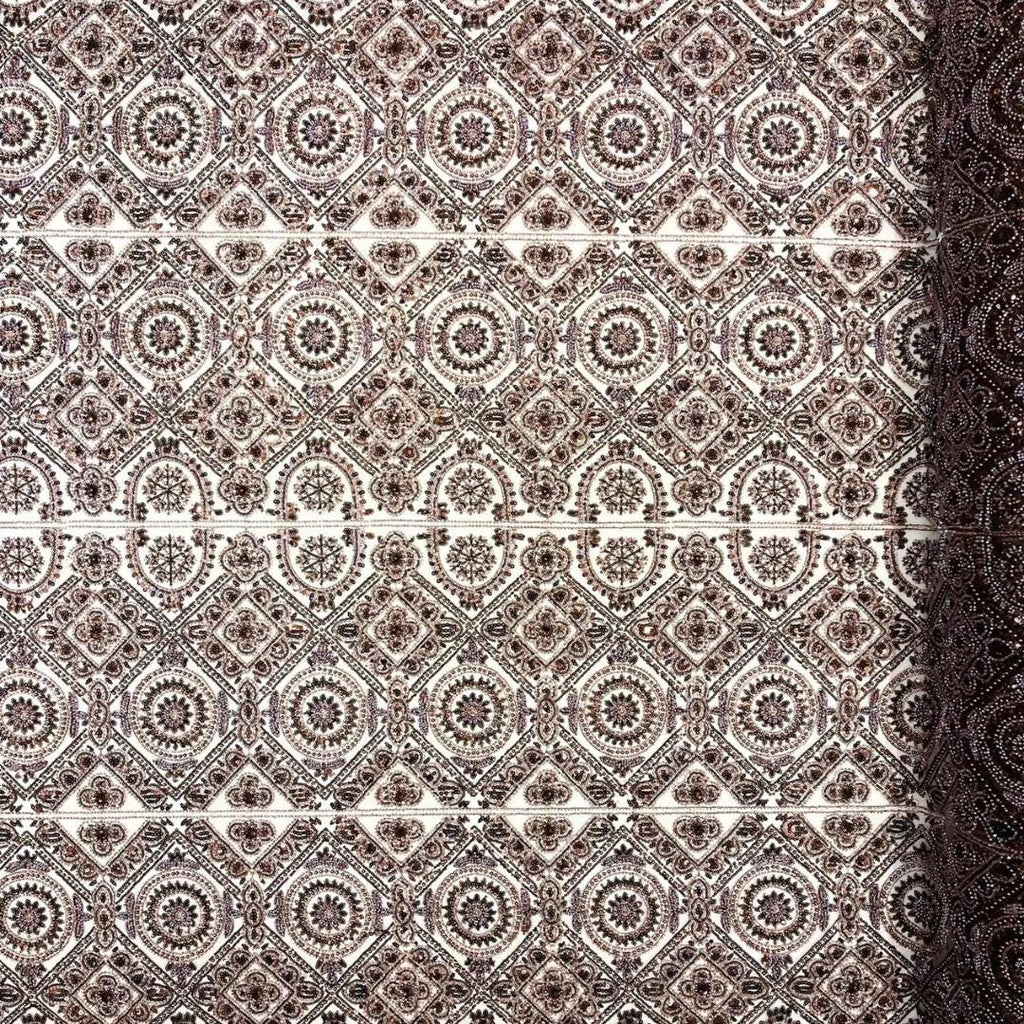 Luxurious Design Lace - Brown - Geometric Beaded Design with Embroidered Sequins and Beads On a Mesh Lace Fabric By The Yard