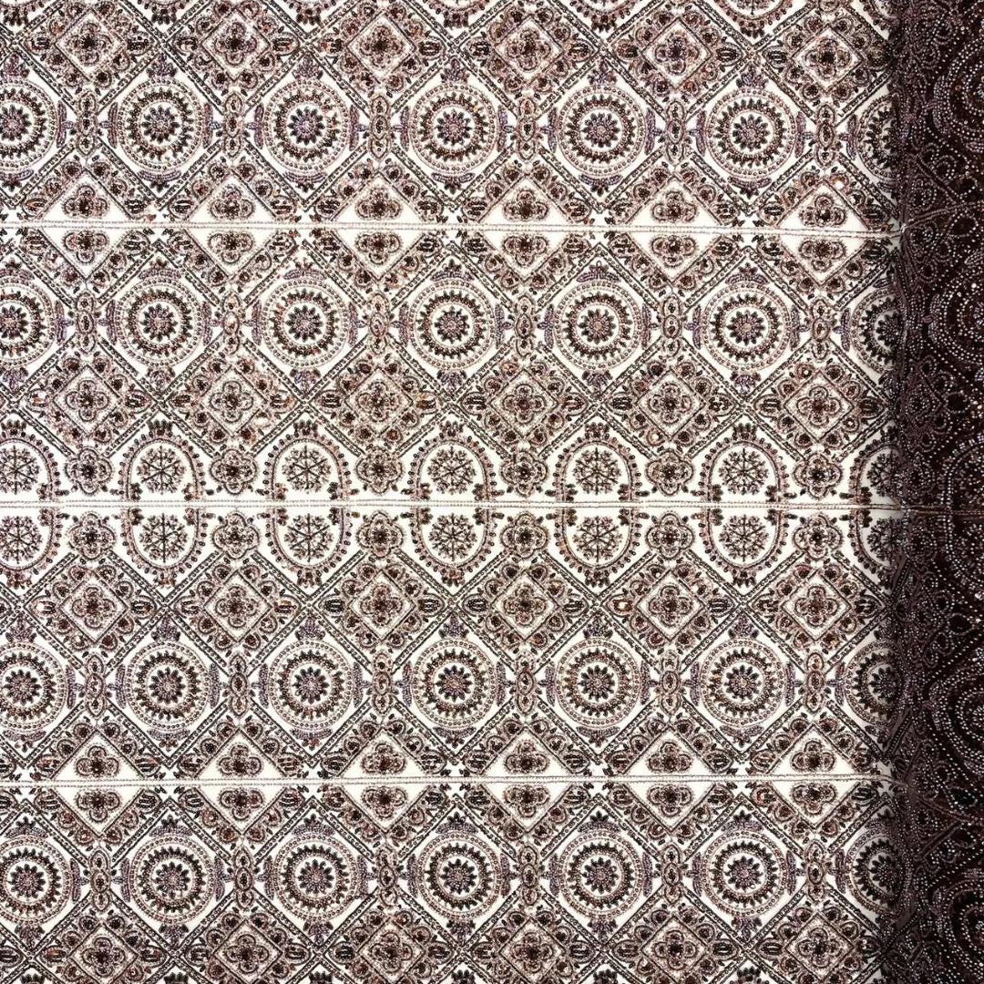 Luxurious Design Lace - Brown - Geometric Beaded Design with Embroidered Sequins and Beads On a Mesh Lace Fabric By The Yard