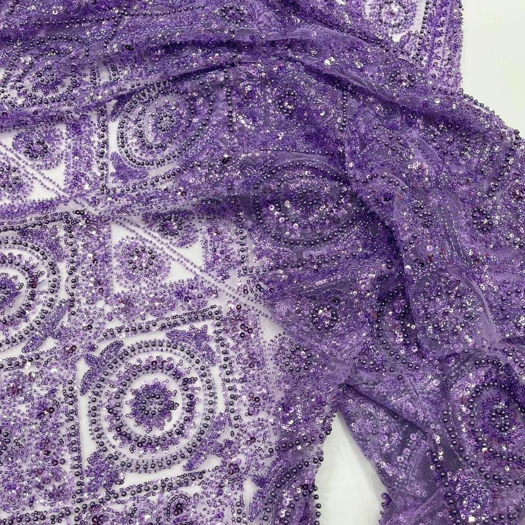 Luxurious Design Lace - Lilac - Geometric Beaded Design with Embroidered Sequins and Beads On a Mesh Lace Fabric By The Yard