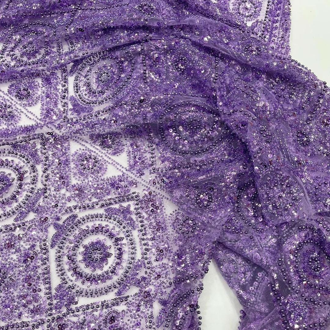 Luxurious Design Lace - Lilac - Geometric Beaded Design with Embroidered Sequins and Beads On a Mesh Lace Fabric By The Yard