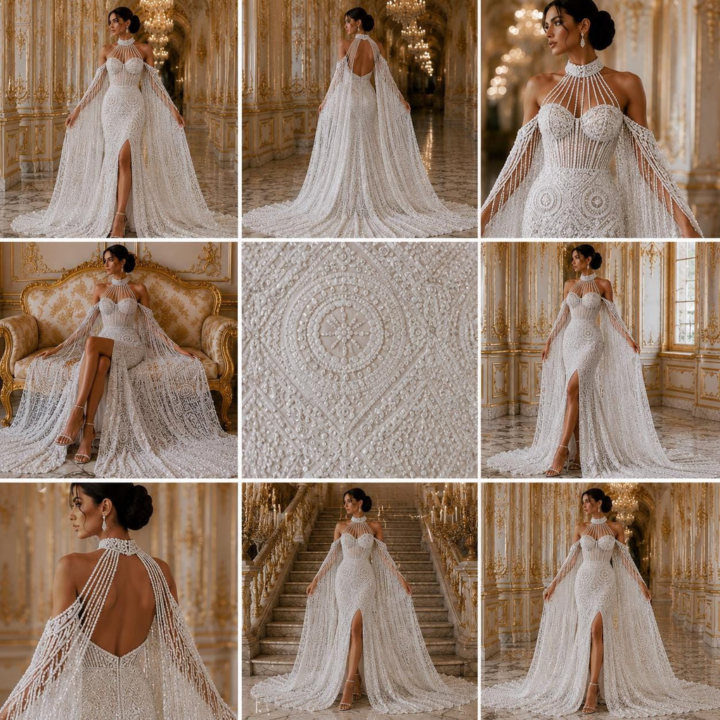 Luxurious Design Lace - Ivory - Geometric Beaded Design with Embroidered Sequins and Beads On a Mesh Lace Fabric By The Yard