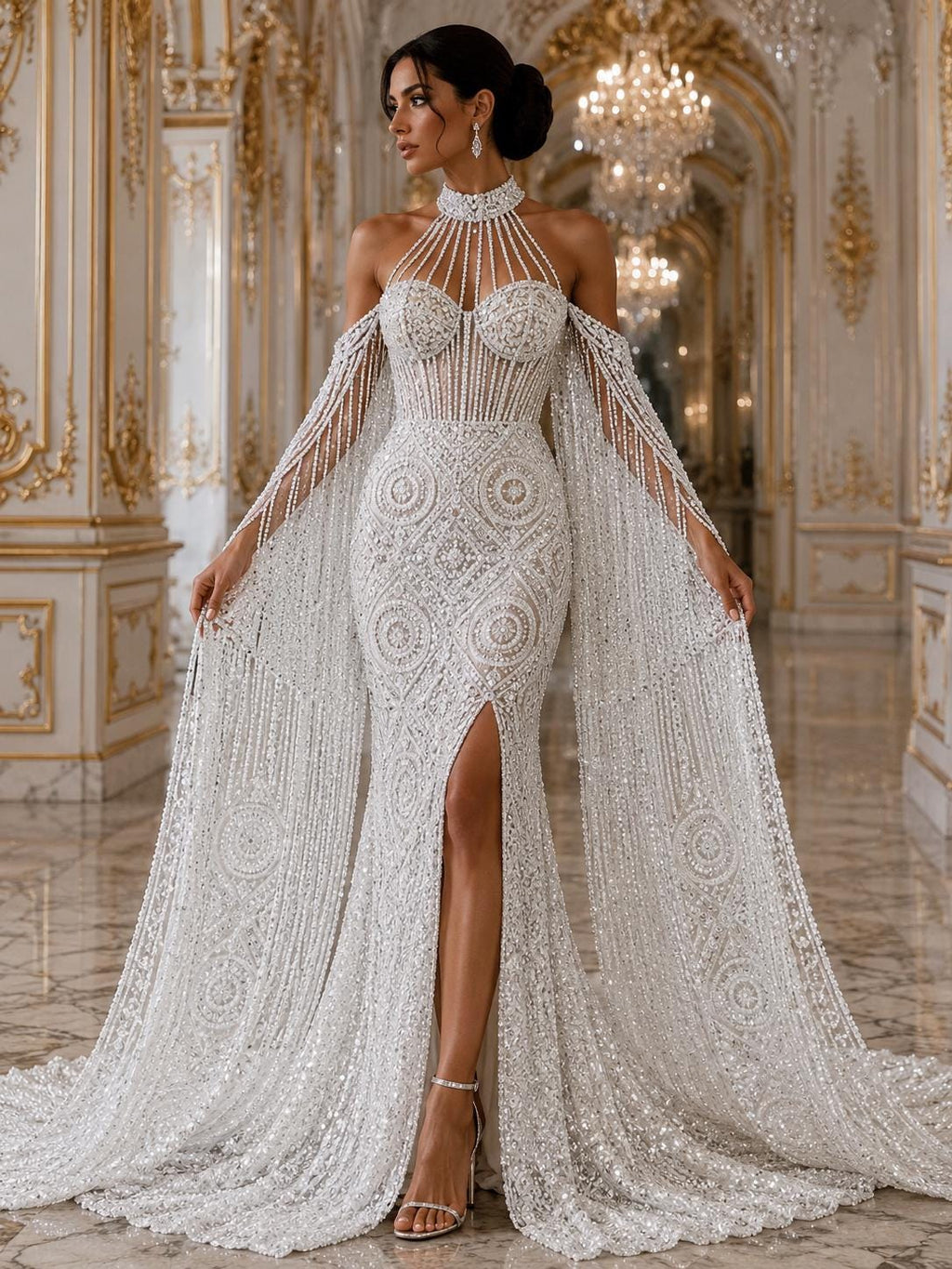 Luxurious Design Lace - Ivory - Geometric Beaded Design with Embroidered Sequins and Beads On a Mesh Lace Fabric By The Yard
