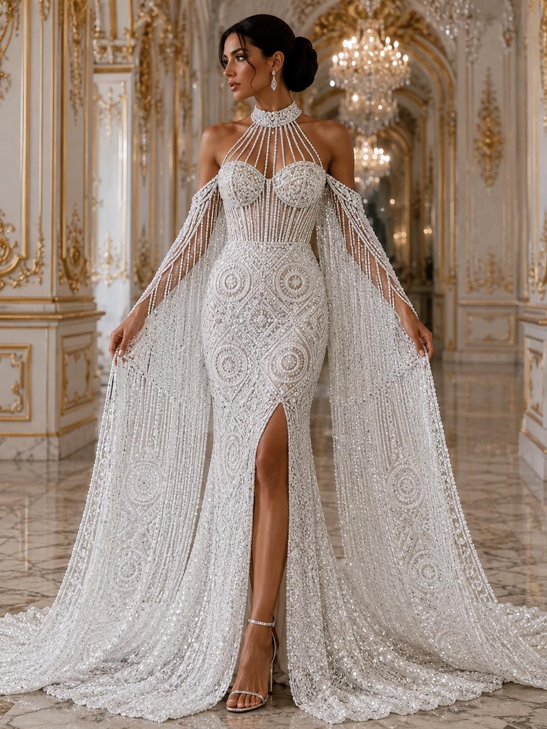 Luxurious Design Lace - Ivory - Geometric Beaded Design with Embroidered Sequins and Beads On a Mesh Lace Fabric By The Yard