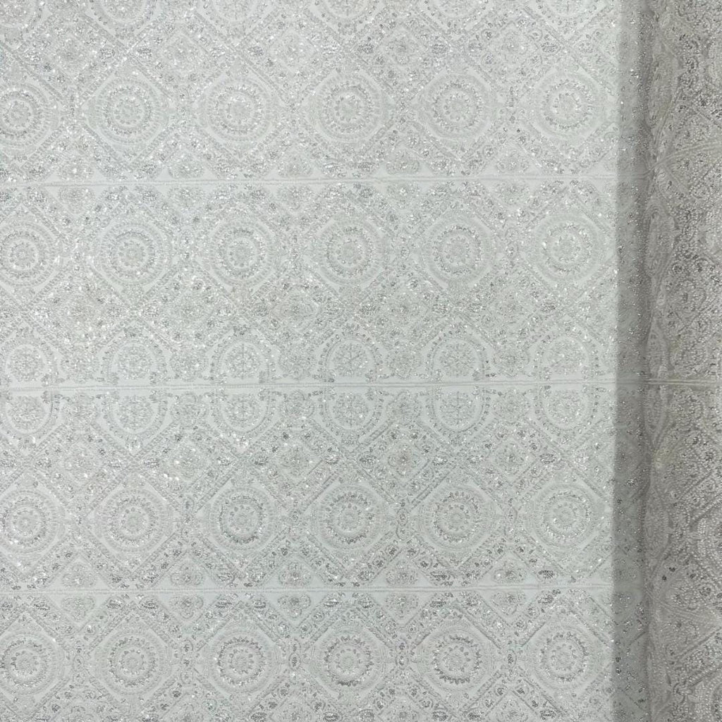 Luxurious Design Lace - Ivory - Geometric Beaded Design with Embroidered Sequins and Beads On a Mesh Lace Fabric By The Yard