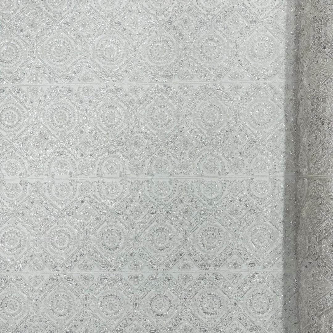 Luxurious Design Lace - Ivory - Geometric Beaded Design with Embroidered Sequins and Beads On a Mesh Lace Fabric By The Yard