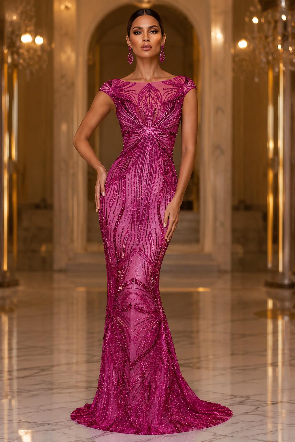 FUCHSIA - Luxurious Design Lace - Beaded Design with Embroidered Sequins and Beads On a Mesh Lace Fabric By The Yard