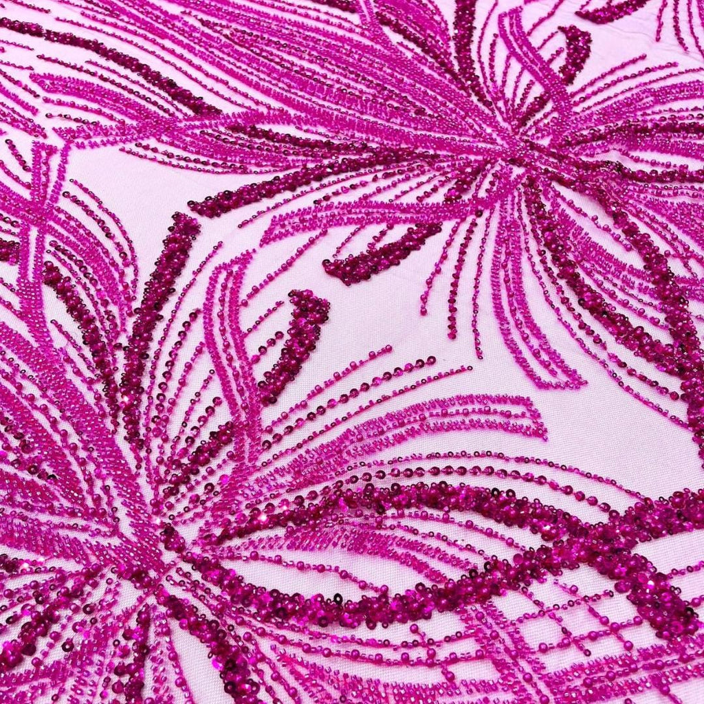 FUCHSIA - Luxurious Design Lace - Beaded Design with Embroidered Sequins and Beads On a Mesh Lace Fabric By The Yard