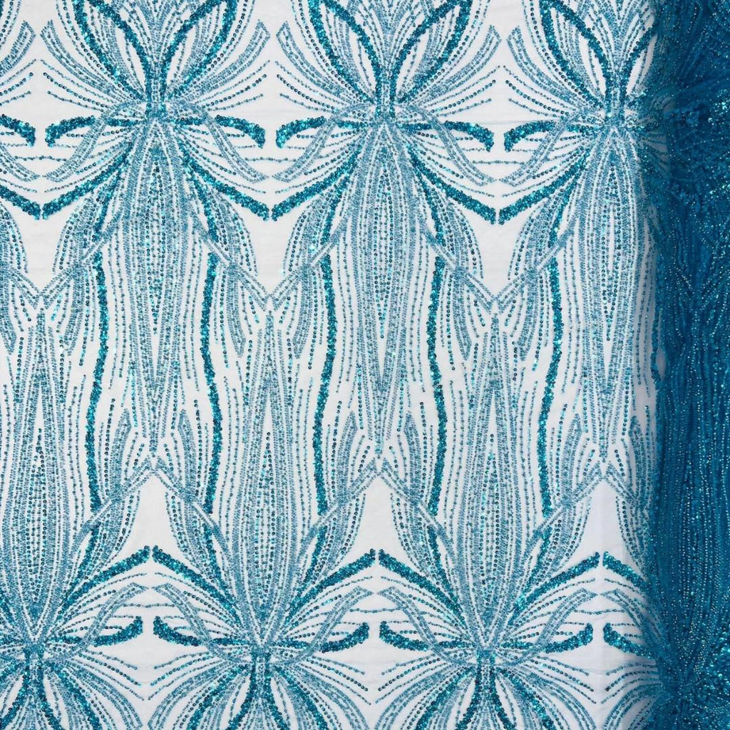 TURQUOISE - Luxurious Design Lace - Beaded Design with Embroidered Sequins and Beads On a Mesh Lace Fabric By The Yard