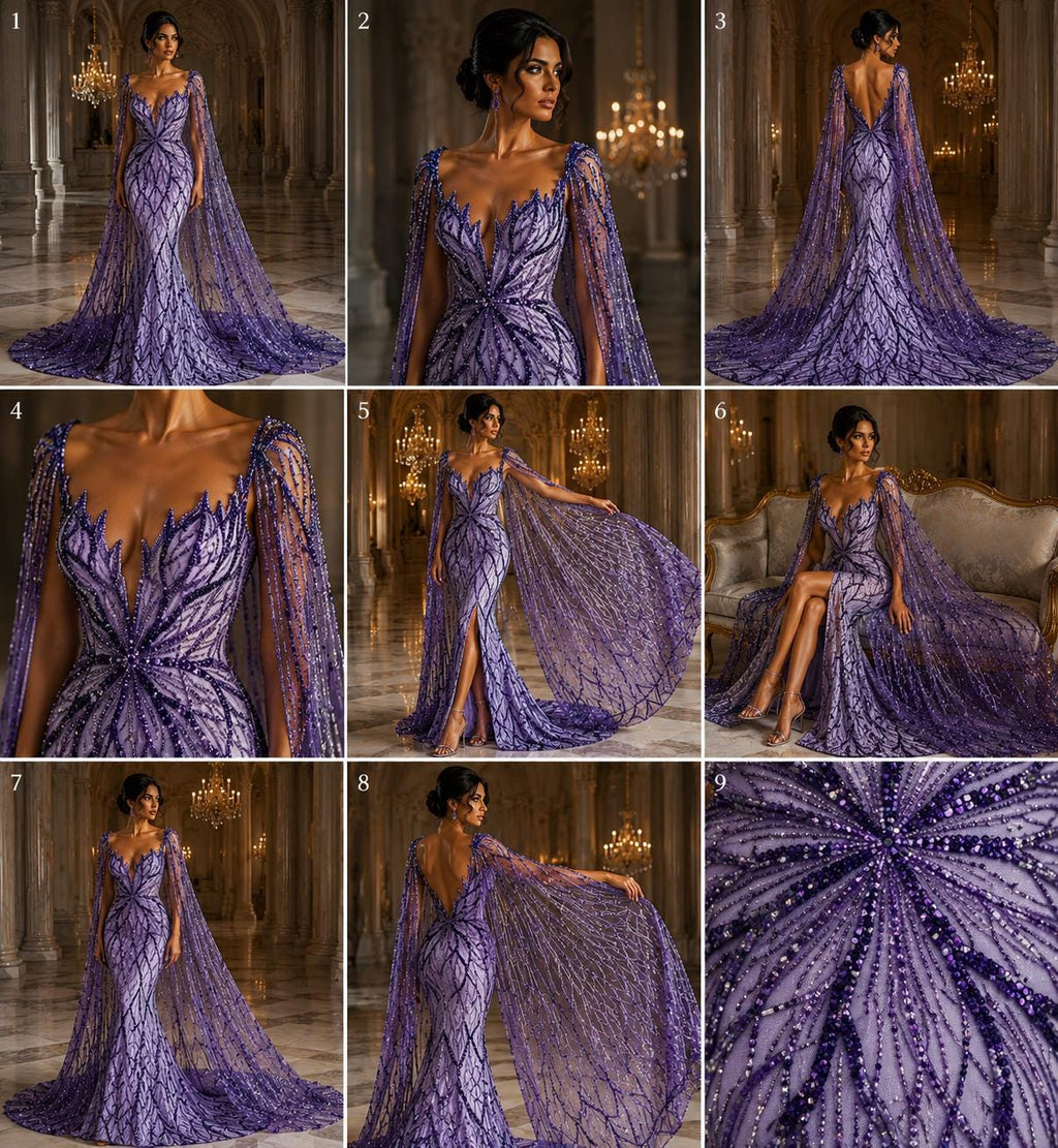 PURPLE - Luxurious Design Lace - Beaded Design with Embroidered Sequins and Beads On a Mesh Lace Fabric By The Yard