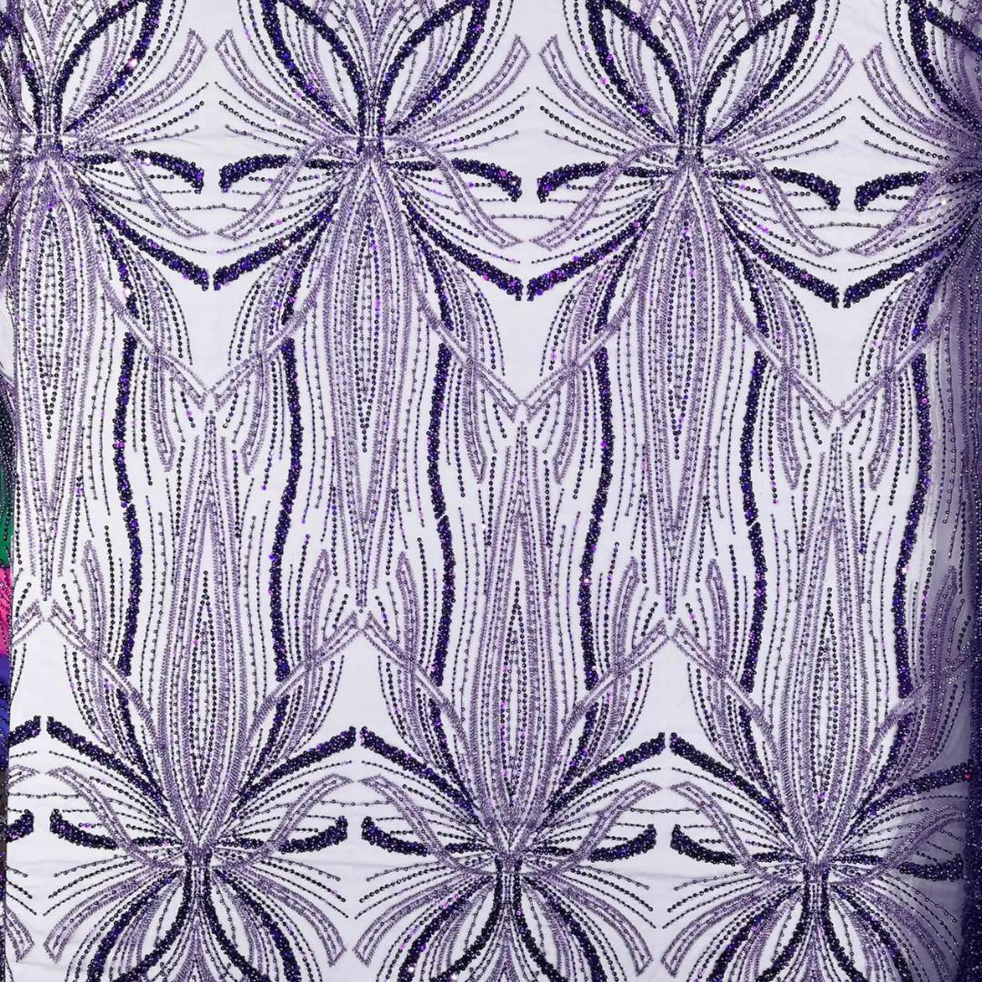 PURPLE - Luxurious Design Lace - Beaded Design with Embroidered Sequins and Beads On a Mesh Lace Fabric By The Yard