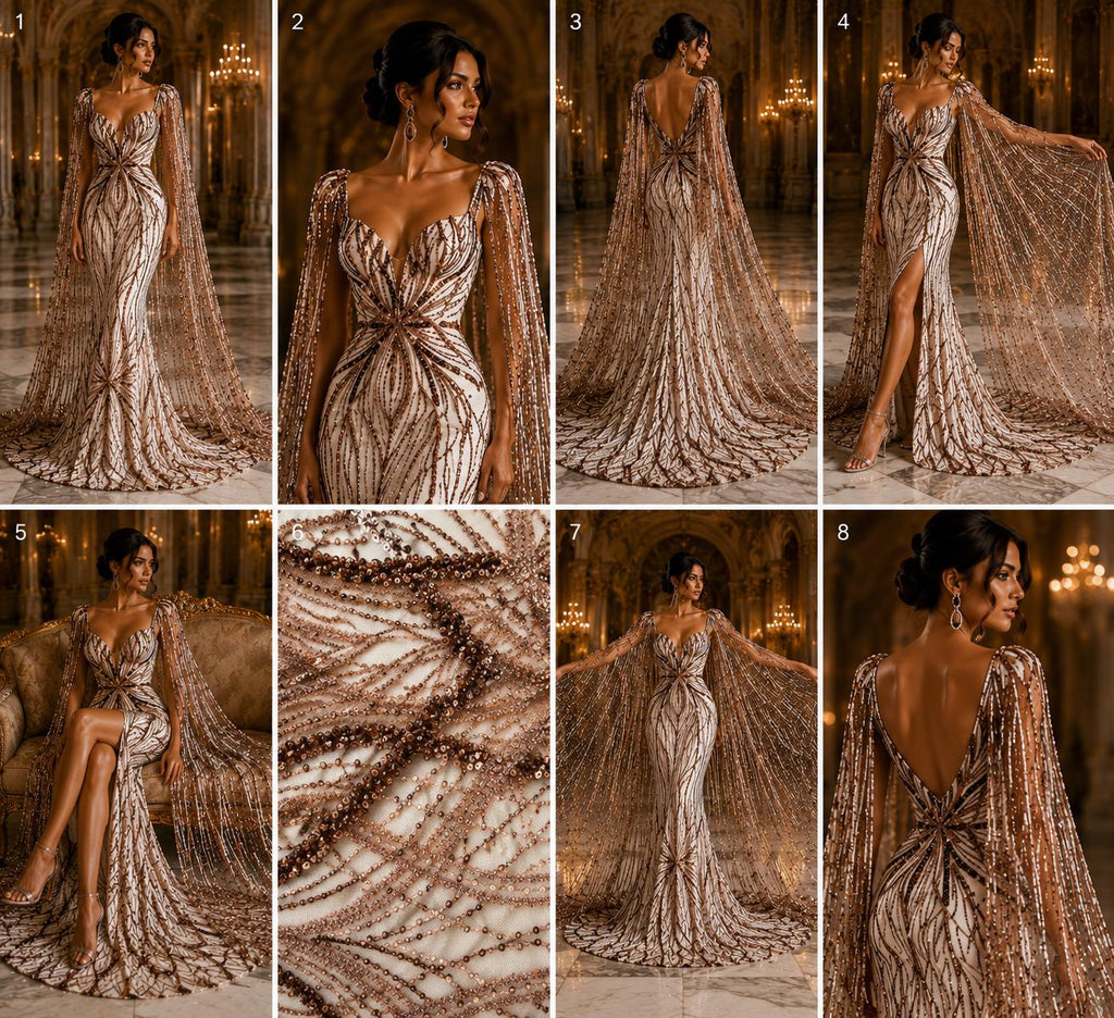 BROWN - Luxurious Design Lace - Beaded Design with Embroidered Sequins and Beads On a Mesh Lace Fabric By The Yard