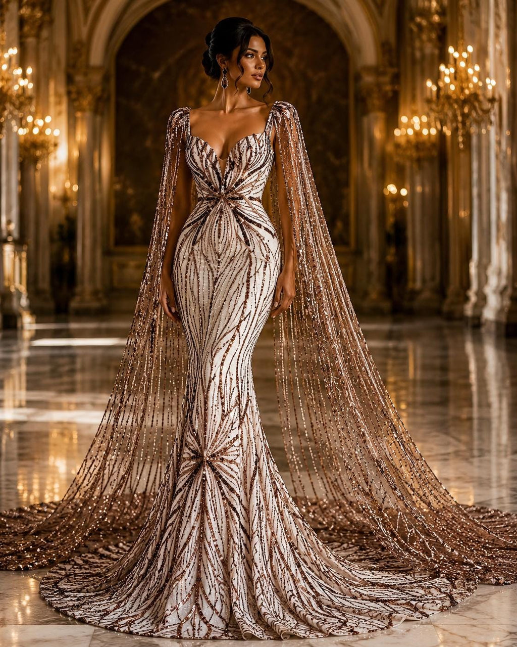 BROWN - Luxurious Design Lace - Beaded Design with Embroidered Sequins and Beads On a Mesh Lace Fabric By The Yard
