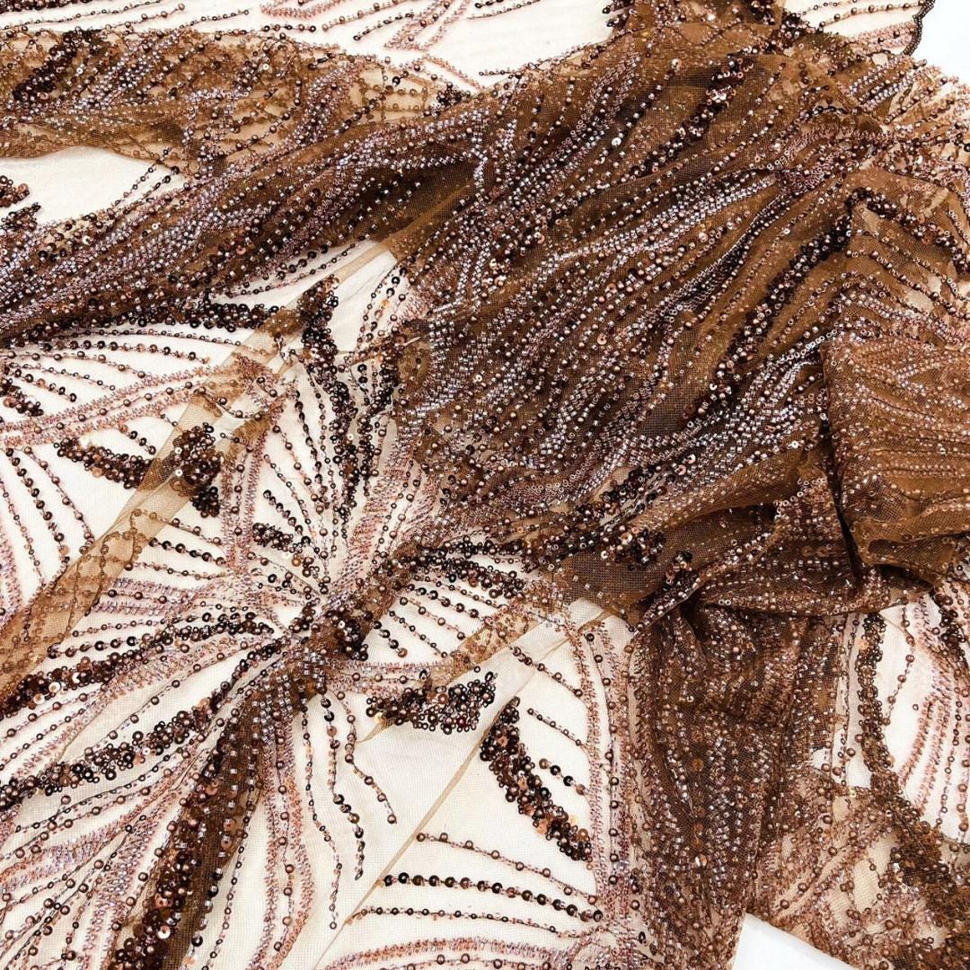 BROWN - Luxurious Design Lace - Beaded Design with Embroidered Sequins and Beads On a Mesh Lace Fabric By The Yard