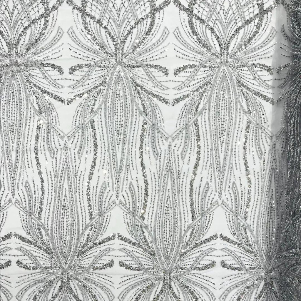 SILVER - Luxurious Design Lace - Beaded Design with Embroidered Sequins and Beads On a Mesh Lace Fabric By The Yard