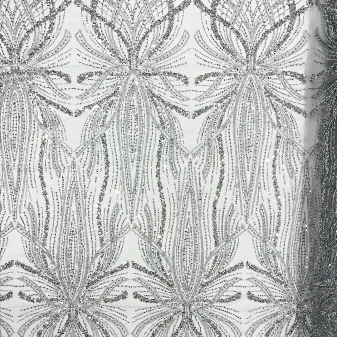 SILVER - Luxurious Design Lace - Beaded Design with Embroidered Sequins and Beads On a Mesh Lace Fabric By The Yard