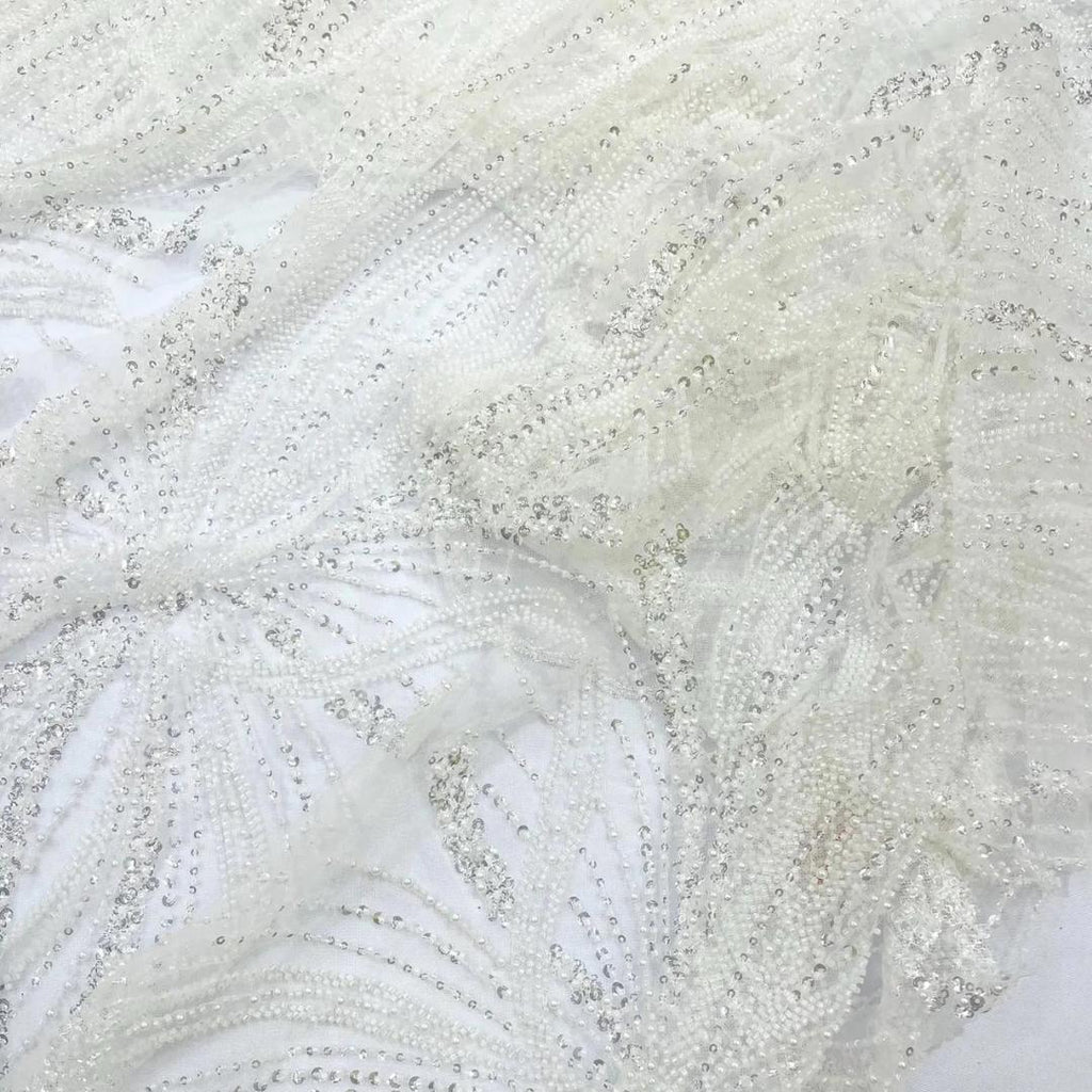 WHITE - Luxurious Design Lace - Beaded Design with Embroidered Sequins and Beads On a Mesh Lace Fabric By The Yard