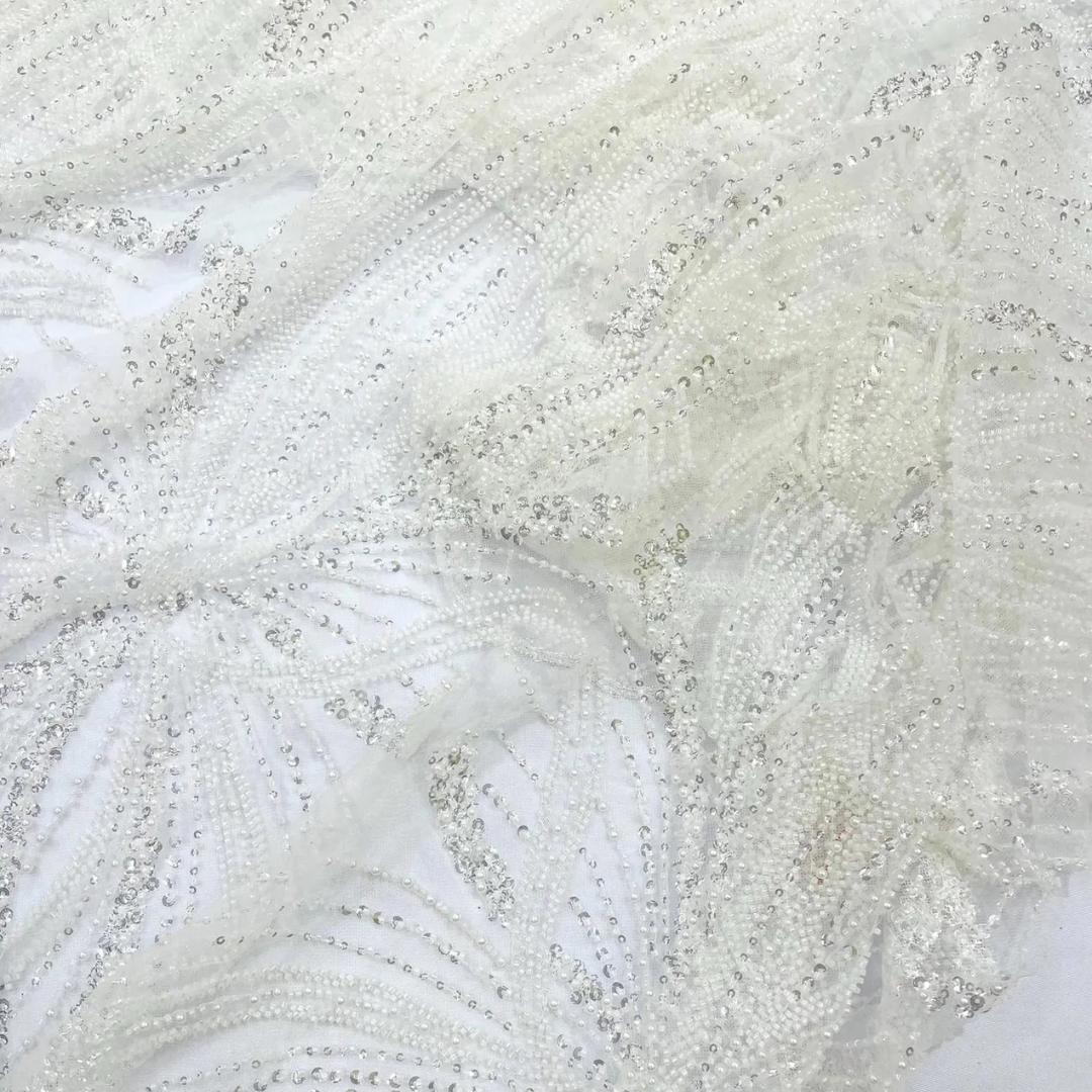 WHITE - Luxurious Design Lace - Beaded Design with Embroidered Sequins and Beads On a Mesh Lace Fabric By The Yard
