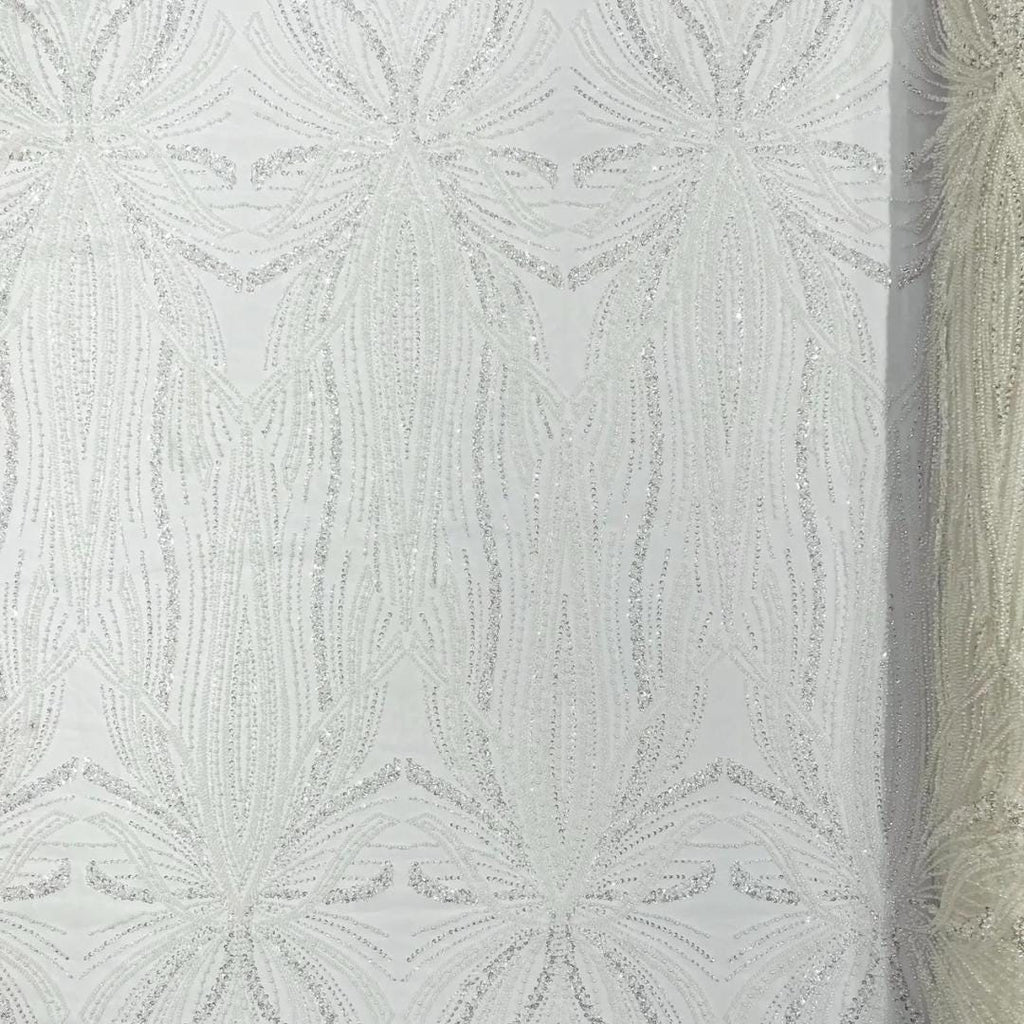 WHITE - Luxurious Design Lace - Beaded Design with Embroidered Sequins and Beads On a Mesh Lace Fabric By The Yard
