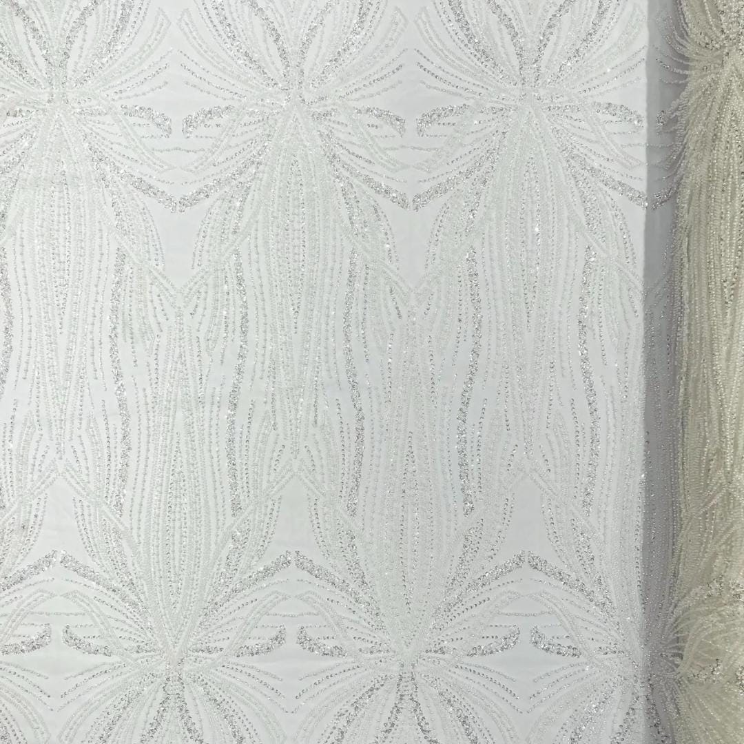 WHITE - Luxurious Design Lace - Beaded Design with Embroidered Sequins and Beads On a Mesh Lace Fabric By The Yard