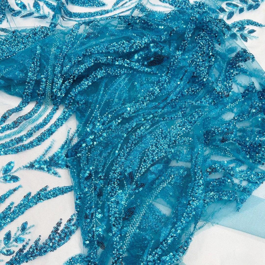Luxurious Design Lace - TURQUO9ISE - Beaded Design with Embroidered Sequins and Beads On a Mesh Lace Fabric By The Yard