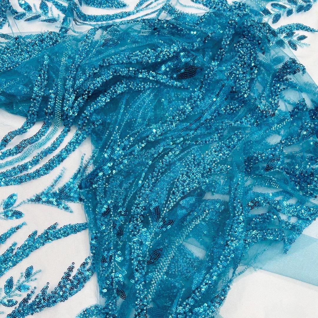Luxurious Design Lace - TURQUO9ISE - Beaded Design with Embroidered Sequins and Beads On a Mesh Lace Fabric By The Yard