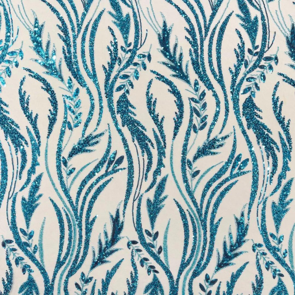 Luxurious Design Lace - TURQUO9ISE - Beaded Design with Embroidered Sequins and Beads On a Mesh Lace Fabric By The Yard