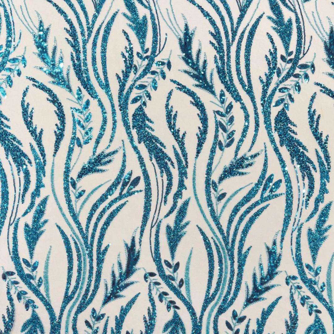 Luxurious Design Lace - TURQUO9ISE - Beaded Design with Embroidered Sequins and Beads On a Mesh Lace Fabric By The Yard