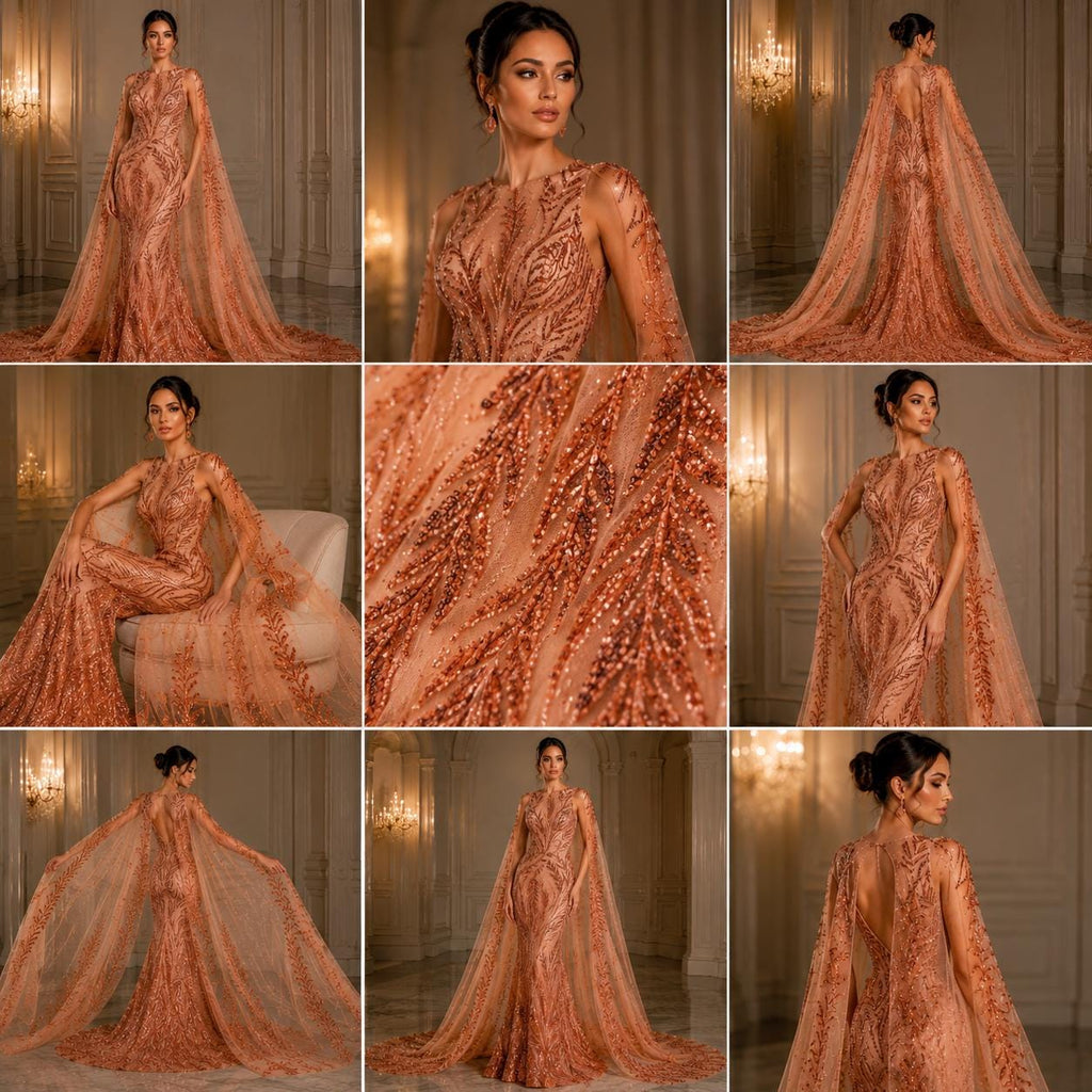 Luxurious Design Lace - LT ORANGE - Beaded Design with Embroidered Sequins and Beads On a Mesh Lace Fabric By The Yard