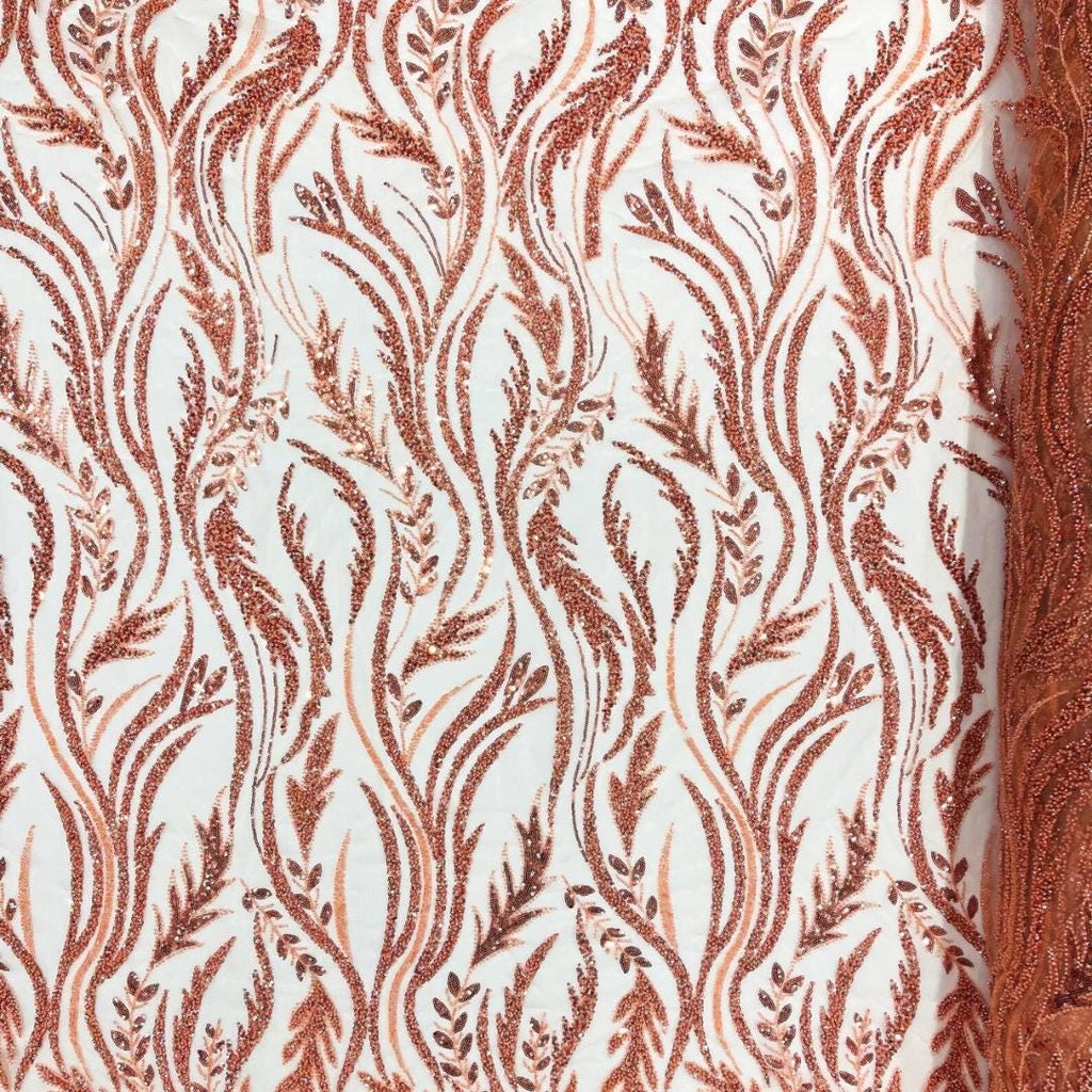 Luxurious Design Lace - LT ORANGE - Beaded Design with Embroidered Sequins and Beads On a Mesh Lace Fabric By The Yard