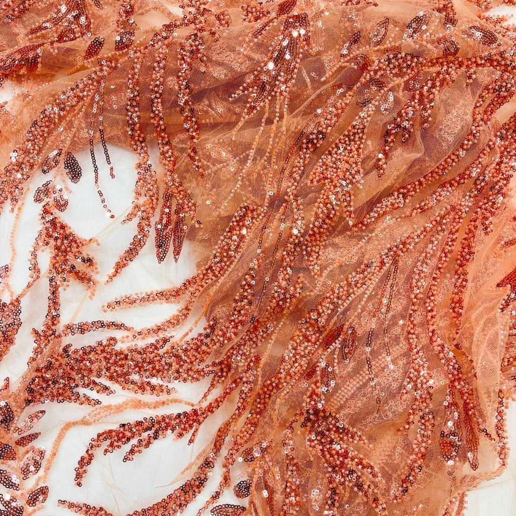 Luxurious Design Lace - LT ORANGE - Beaded Design with Embroidered Sequins and Beads On a Mesh Lace Fabric By The Yard